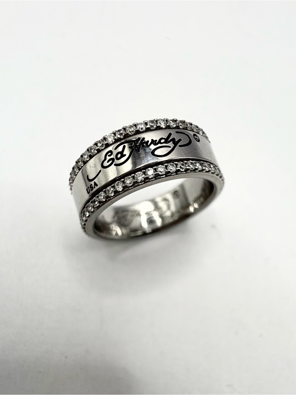 Ed Hardy Silver Crystal-Edge Signature Band Ring